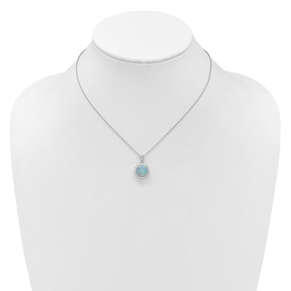Lab Created Opal and CZ Halo Circle Necklace Sterling Silver