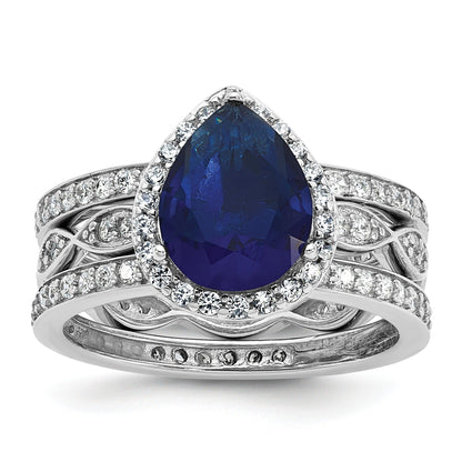 Pear Shaped Created Sapphire Sterling Silver Teardrop Halo Pave Engagement Ring