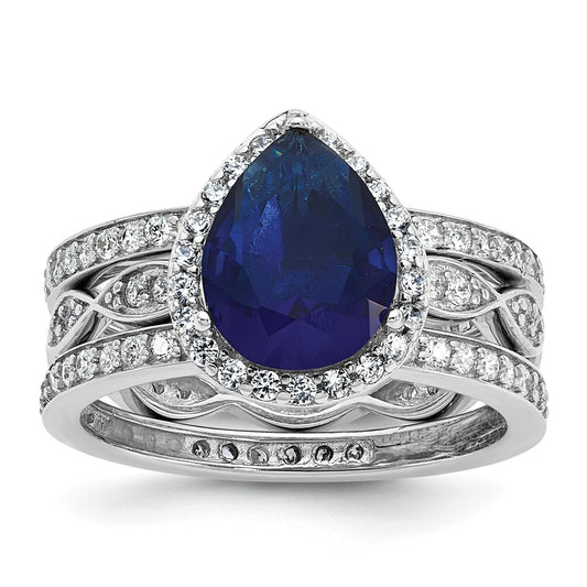 Pear Shaped Created Sapphire Sterling Silver Teardrop Halo Pave Engagement Ring