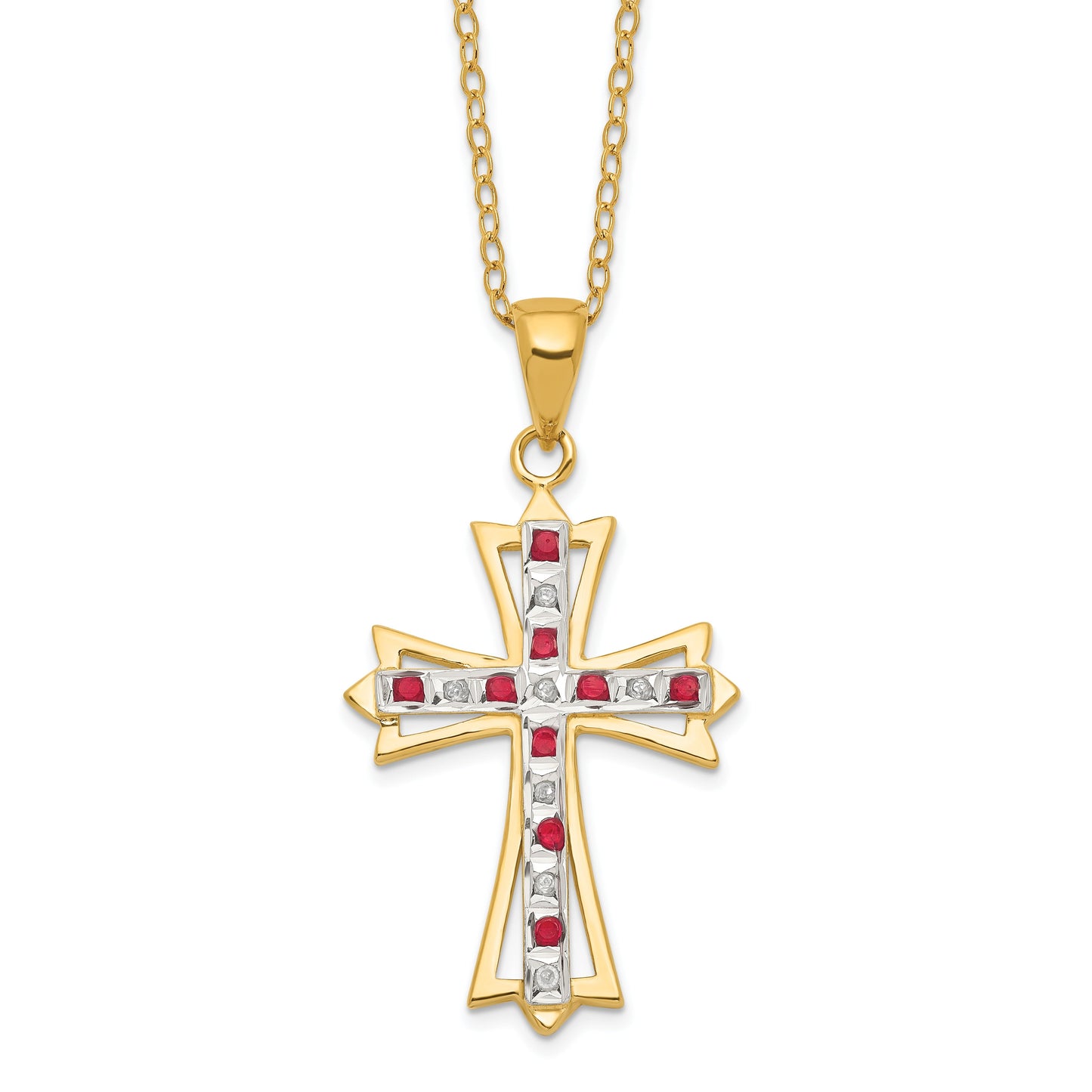 Silver Natural Diamond and Ruby Cross Necklace