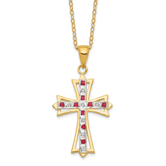 Silver Natural Diamond and Ruby Cross Necklace