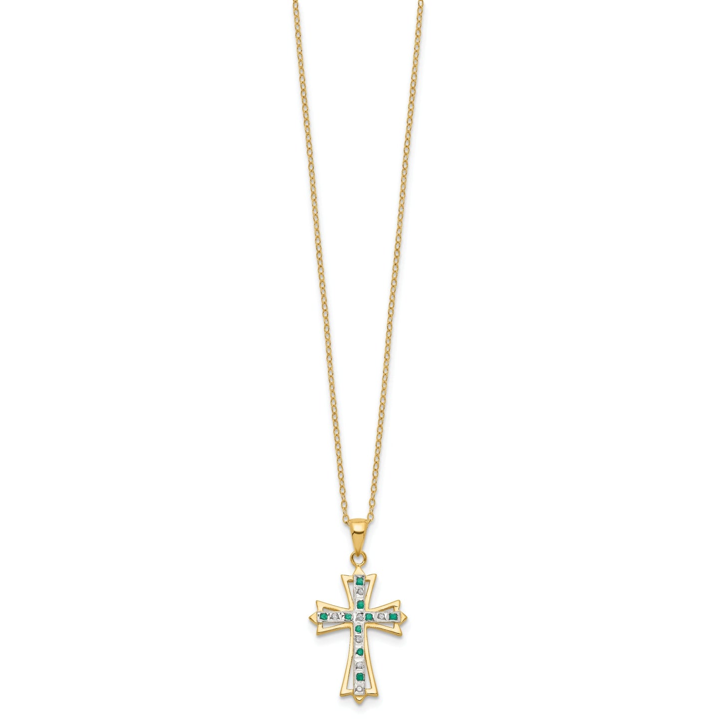 Silver Natural Diamond and Emerald Cross Necklace