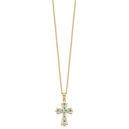 Silver Natural Diamond and Emerald Cross Necklace