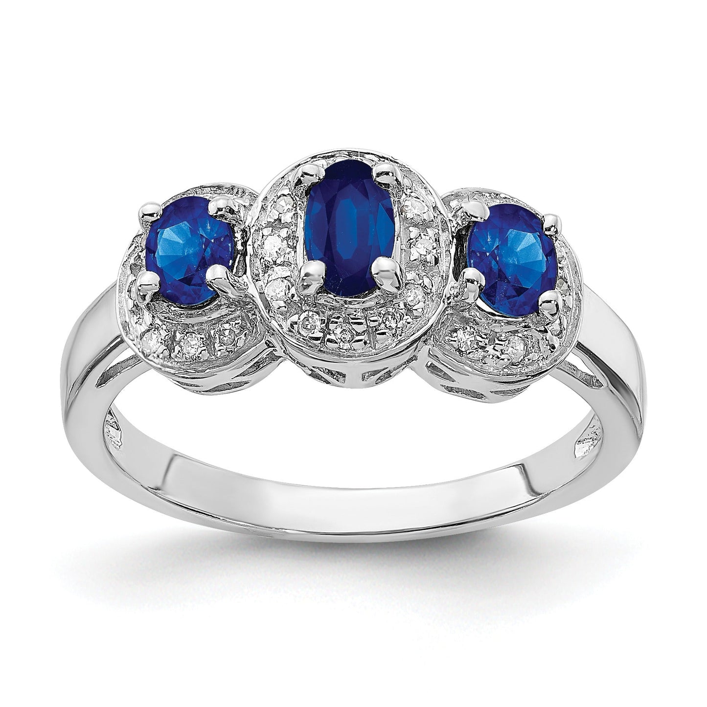 Blue Oval Sapphire and Diamond Prong Sterling Silver Three Stone Halo Ring
