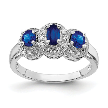 Blue Oval Sapphire and Diamond Prong Sterling Silver Three Stone Halo Ring
