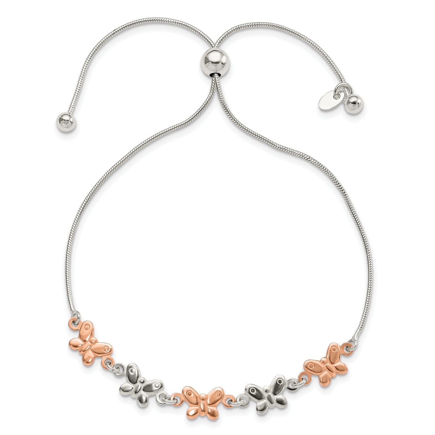Two-Tone Rhodium and Rose Gold Plated Silver Alternating Butterfly Link Adjustable Slider Bolo Bracelet