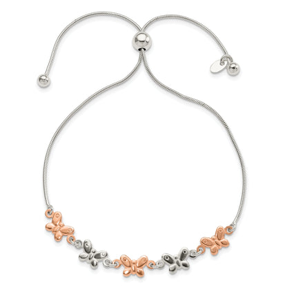 Two-Tone Rhodium and Rose Gold Plated Silver Alternating Butterfly Link Adjustable Slider Bolo Bracelet