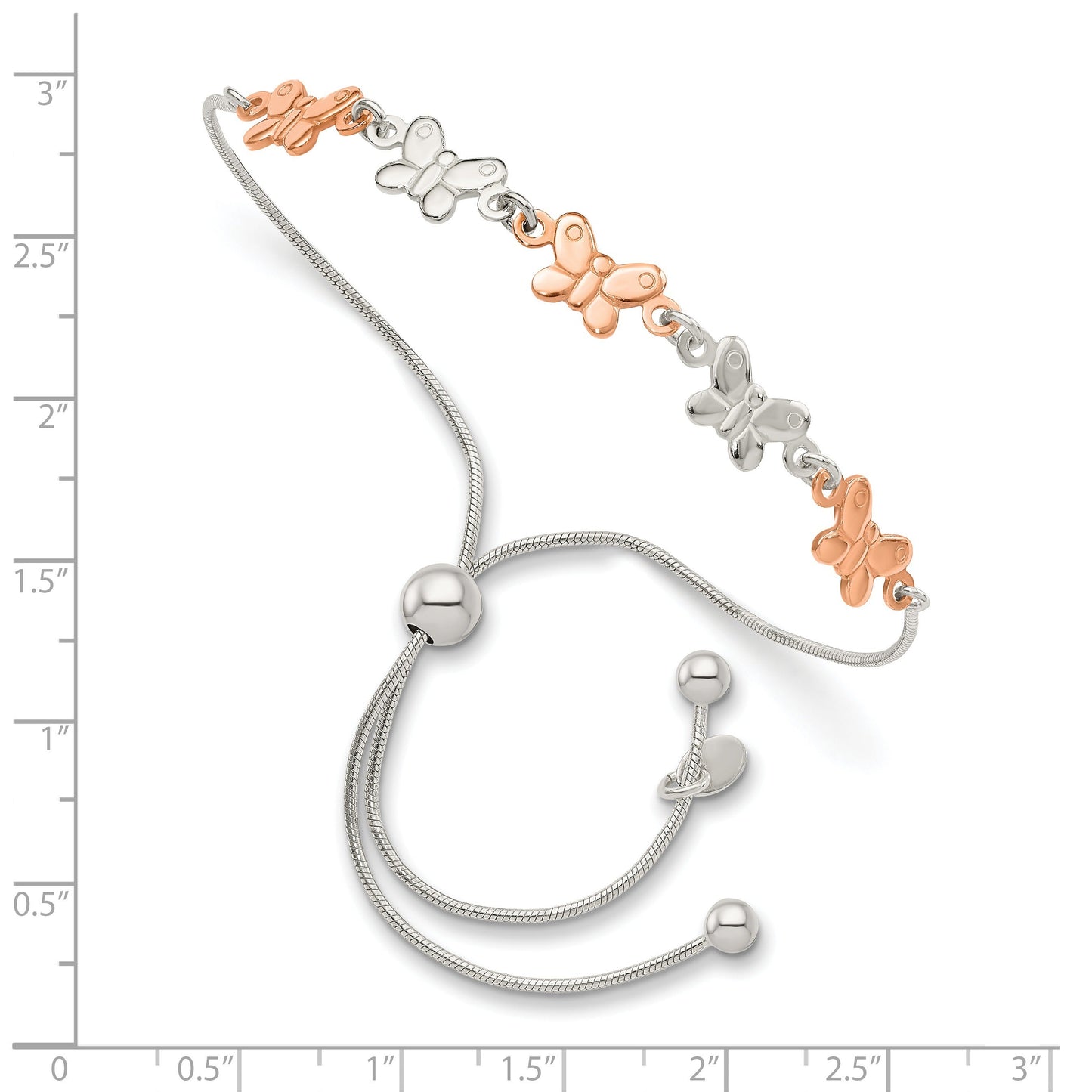 Two-Tone Rhodium and Rose Gold Plated Silver Alternating Butterfly Link Adjustable Slider Bolo Bracelet