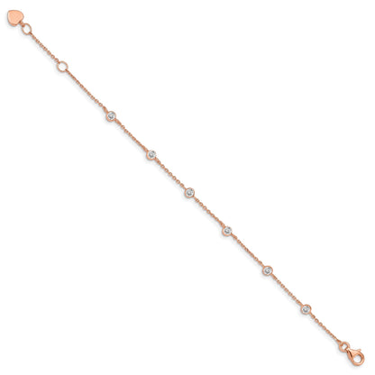 Round White Cubic Zirconia Bezel Rose Gold over Silver Station Chain with Heart Charm Extender Link Bracelet