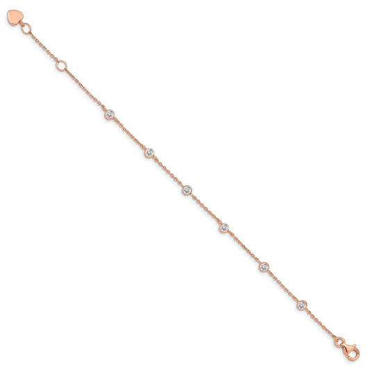 Round White Cubic Zirconia Bezel Rose Gold over Silver Station Chain with Heart Charm Extender Link Bracelet