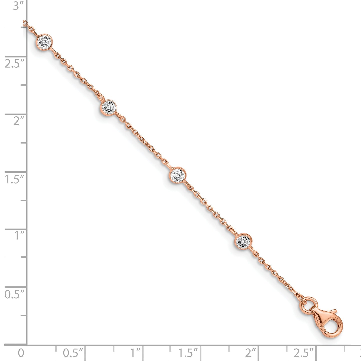 Round White Cubic Zirconia Bezel Rose Gold over Silver Station Chain with Heart Charm Extender Link Bracelet