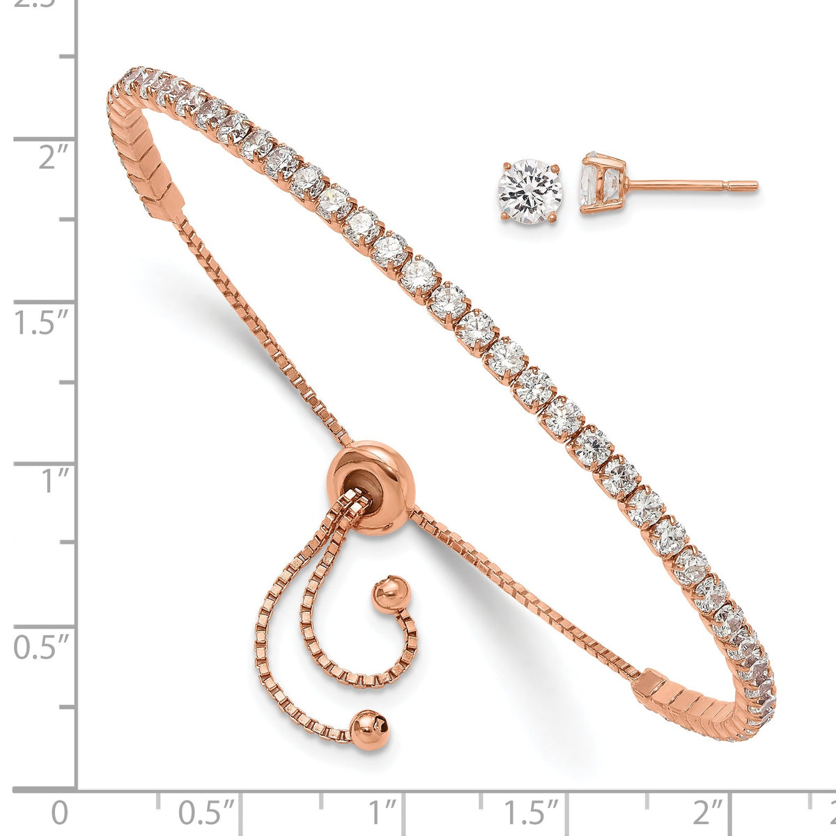 Round CZ Silver Adjustable Tennis Bolo Bracelet and Stud Earring Set