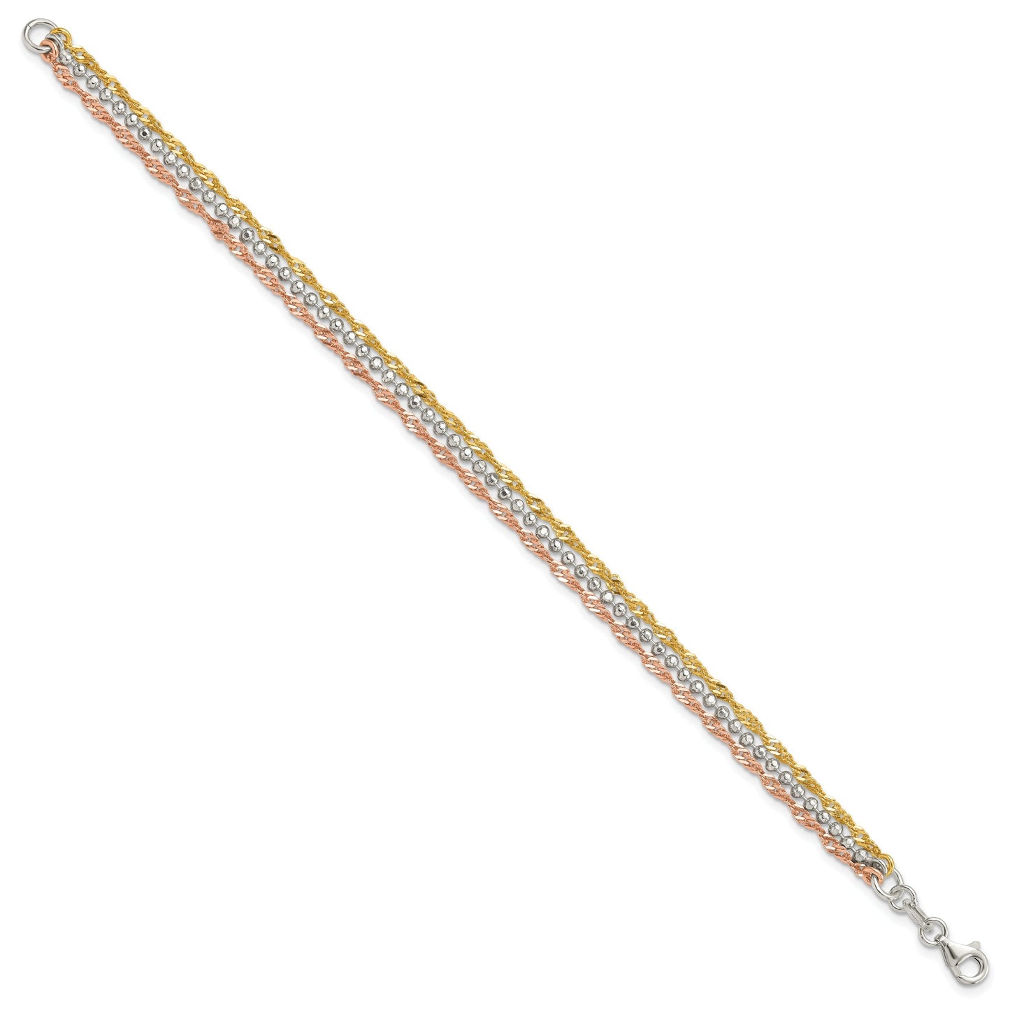 Tri-Tone Gold Plated Silver 3-Strand Diamond-Cut Bead & Twisted Fancy Link Lobster Clasp Chain Bracelet