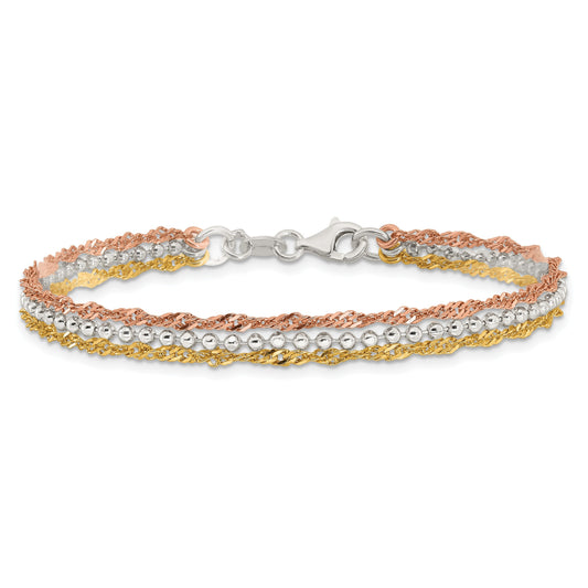 Tri-Tone Gold Plated Silver 3-Strand Diamond-Cut Bead & Twisted Fancy Link Lobster Clasp Chain Bracelet