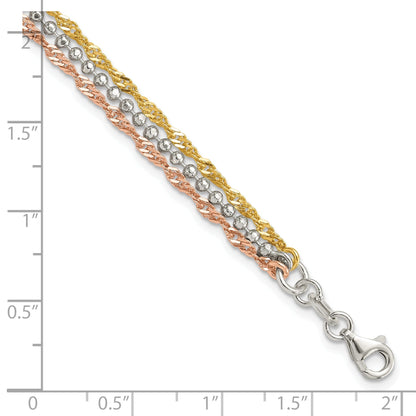 Tri-Tone Gold Plated Silver 3-Strand Diamond-Cut Bead & Twisted Fancy Link Lobster Clasp Chain Bracelet
