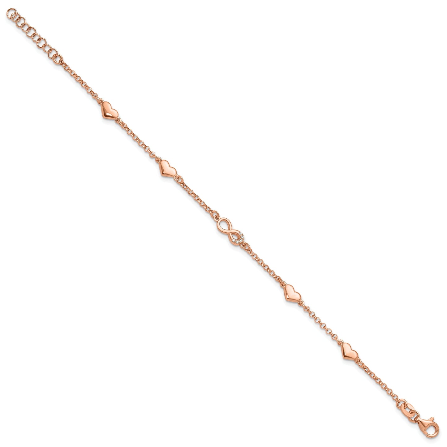 Round White Cubic Zirconia Prong Rose Gold Plated Silver Infinity & Heart Station Link Bracelet
