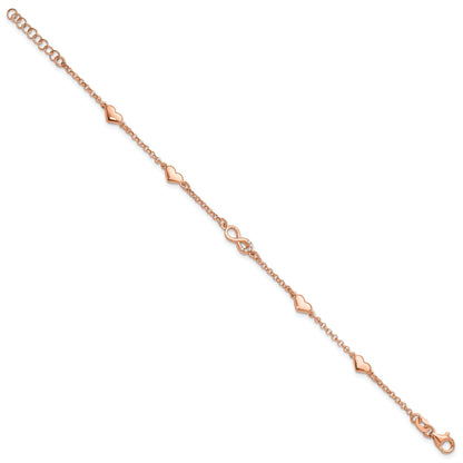 Round White Cubic Zirconia Prong Rose Gold Plated Silver Infinity & Heart Station Link Bracelet