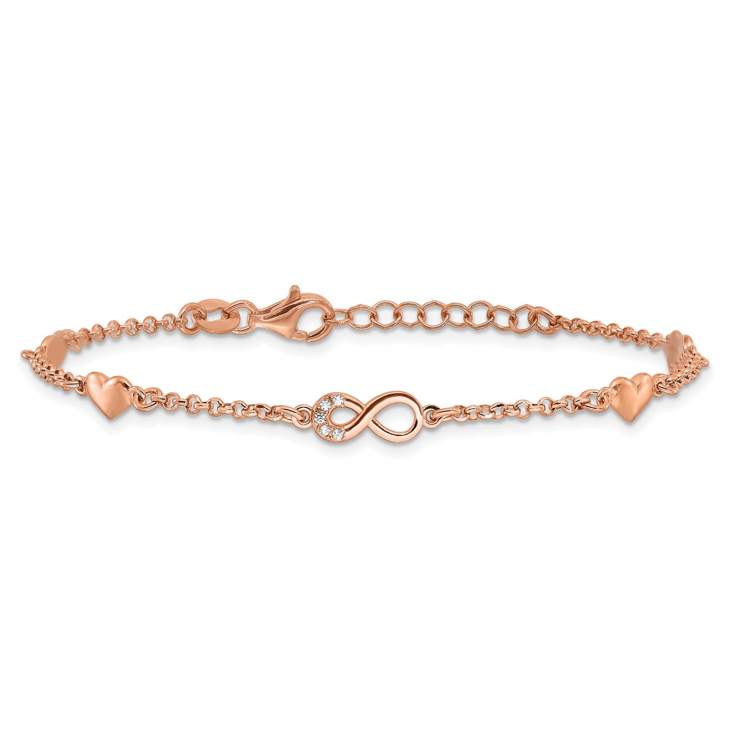 Round White Cubic Zirconia Prong Rose Gold Plated Silver Infinity & Heart Station Link Bracelet
