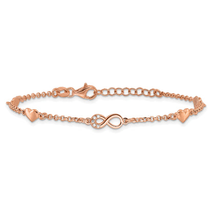 Round White Cubic Zirconia Prong Rose Gold Plated Silver Infinity & Heart Station Link Bracelet