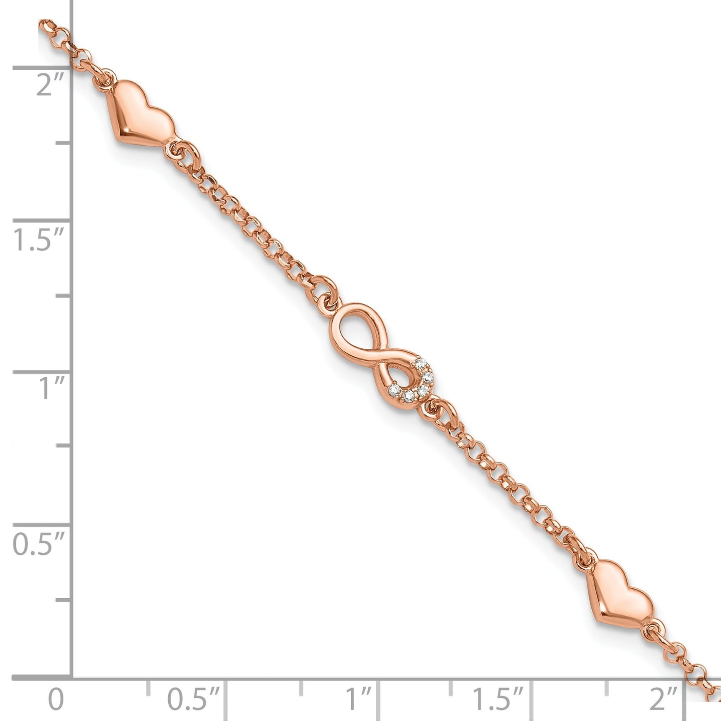 Round White Cubic Zirconia Prong Rose Gold Plated Silver Infinity & Heart Station Link Bracelet