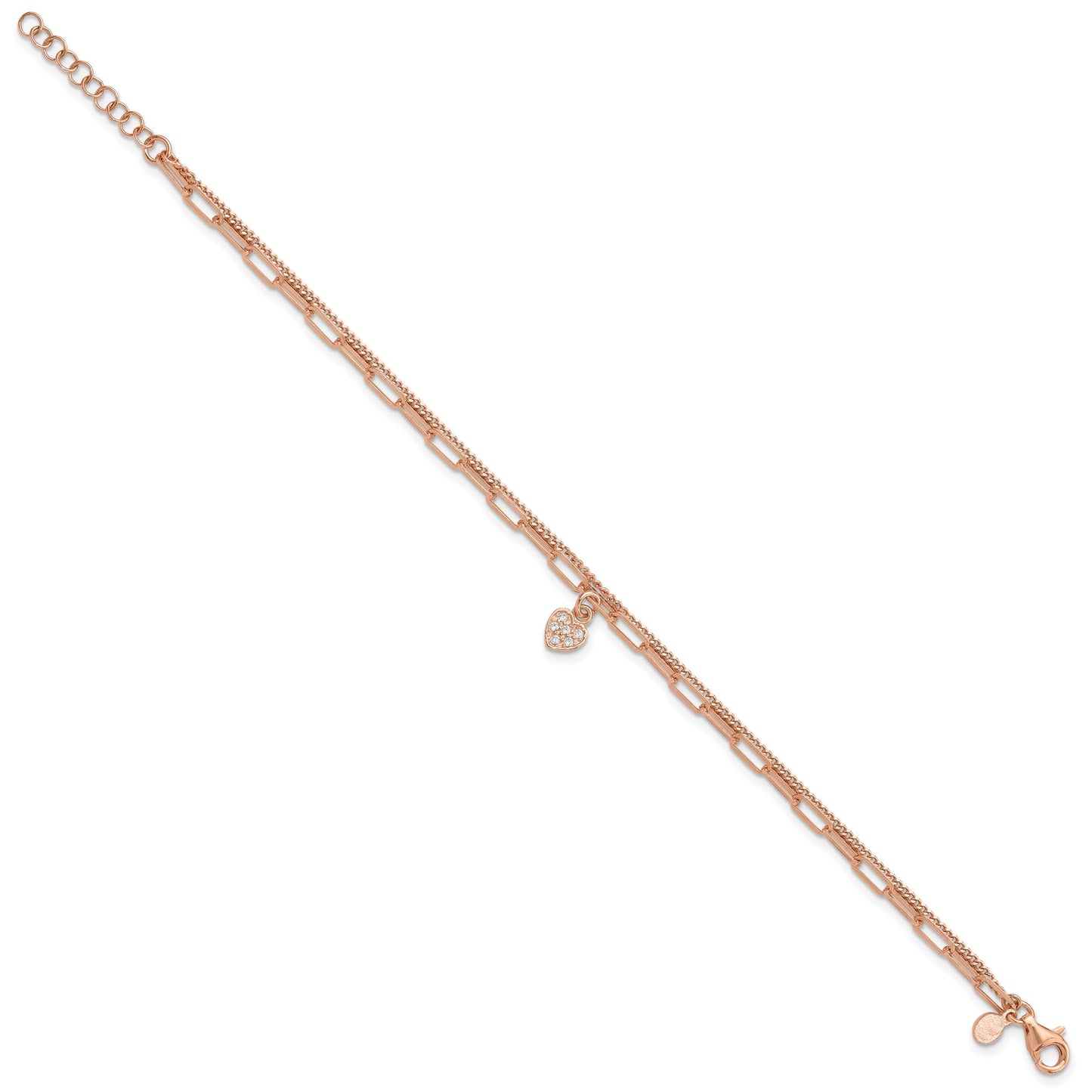 Round White Cubic Zirconia Prong Rose Gold Plated Silver 2-Strand Paperclip & Curb Chain with Pave Heart Charm Link Bracelet