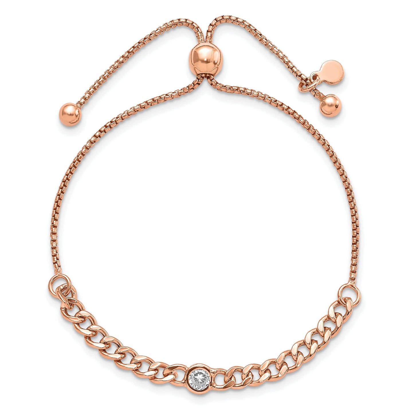 Round White Cubic Zirconia Bezel Rose Gold over Silver Curb Link Chain Adjustable Slider Bolo Bracelet