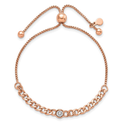 Round White Cubic Zirconia Bezel Rose Gold over Silver Curb Link Chain Adjustable Slider Bolo Bracelet