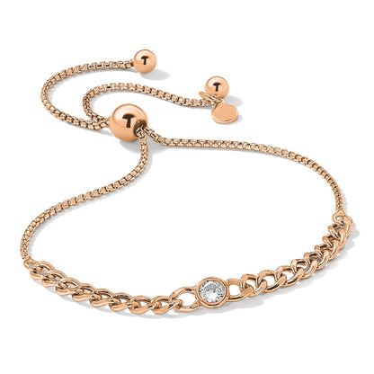 Round White Cubic Zirconia Bezel Rose Gold over Silver Curb Link Chain Adjustable Slider Bolo Bracelet