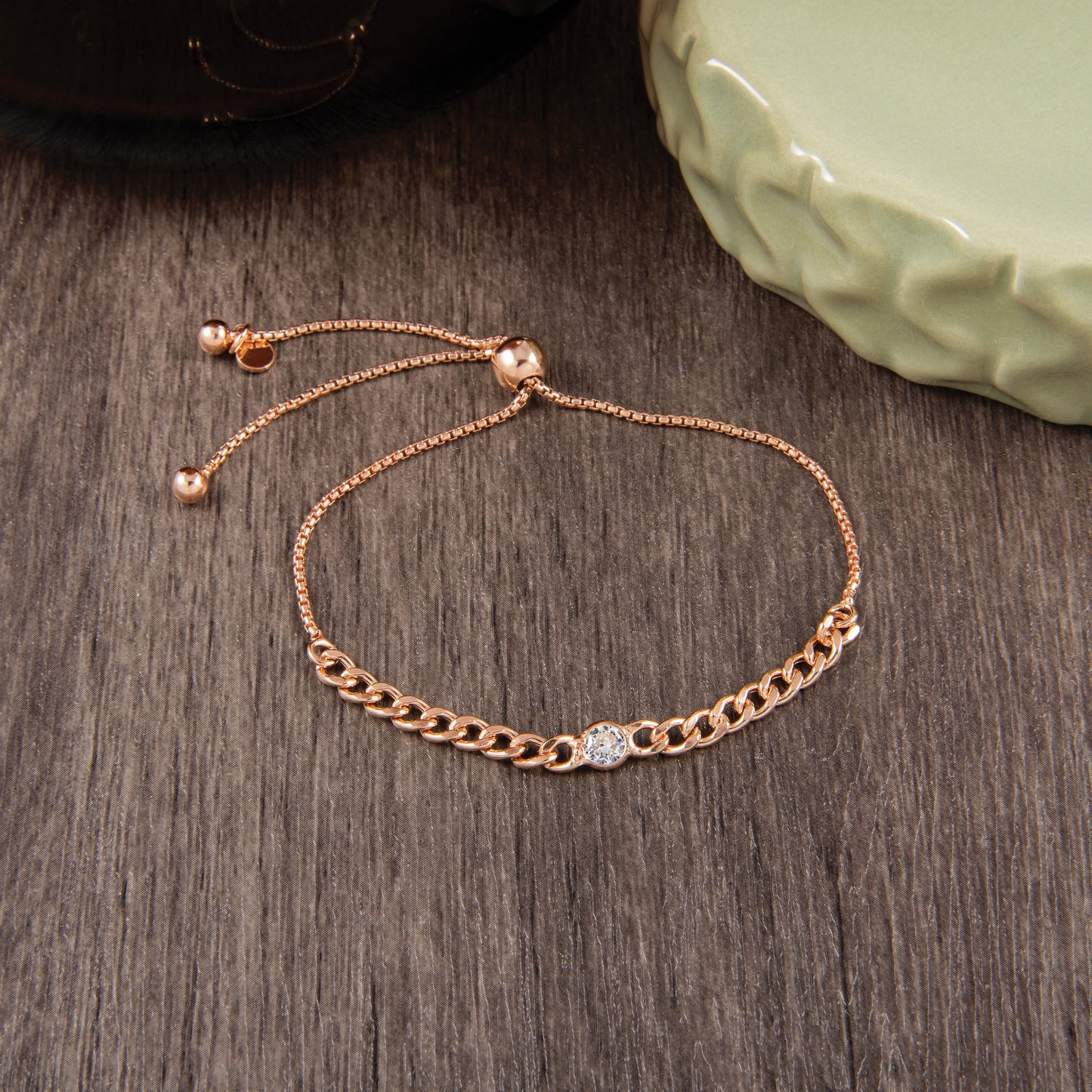 Round White Cubic Zirconia Bezel Rose Gold over Silver Curb Link Chain Adjustable Slider Bolo Bracelet