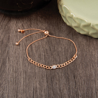 Round White Cubic Zirconia Bezel Rose Gold over Silver Curb Link Chain Adjustable Slider Bolo Bracelet