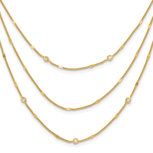 Round White Cubic Zirconia Sterling Silver Gold-Tone Layered Cable Chain Necklace
