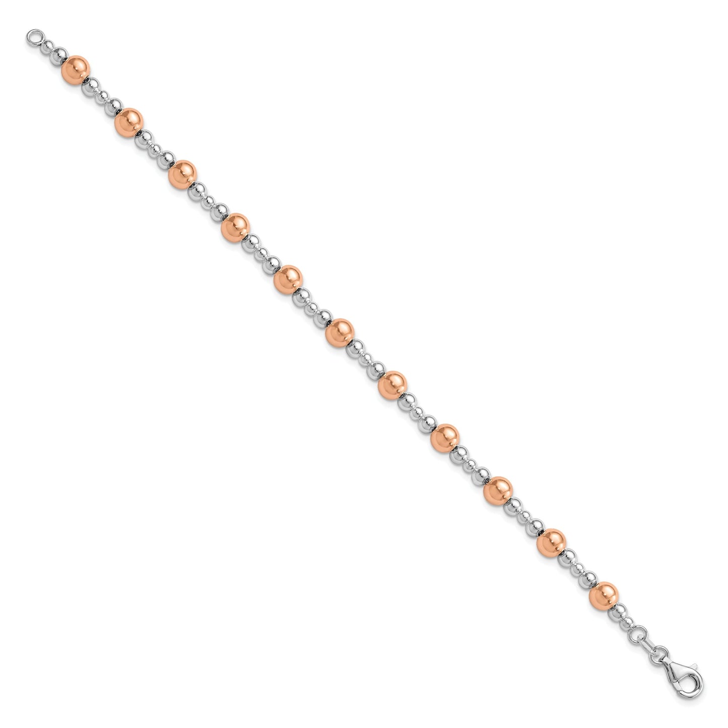 Two-Tone Rhodium and Rose Gold Plated Silver Alternating Multi-Size Polished Ball Station Lobster Clasp Beaded Bracelet