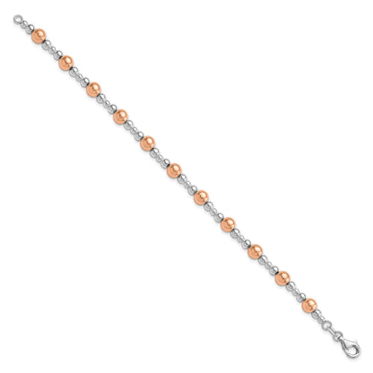 Two-Tone Rhodium and Rose Gold Plated Silver Alternating Multi-Size Polished Ball Station Lobster Clasp Beaded Bracelet
