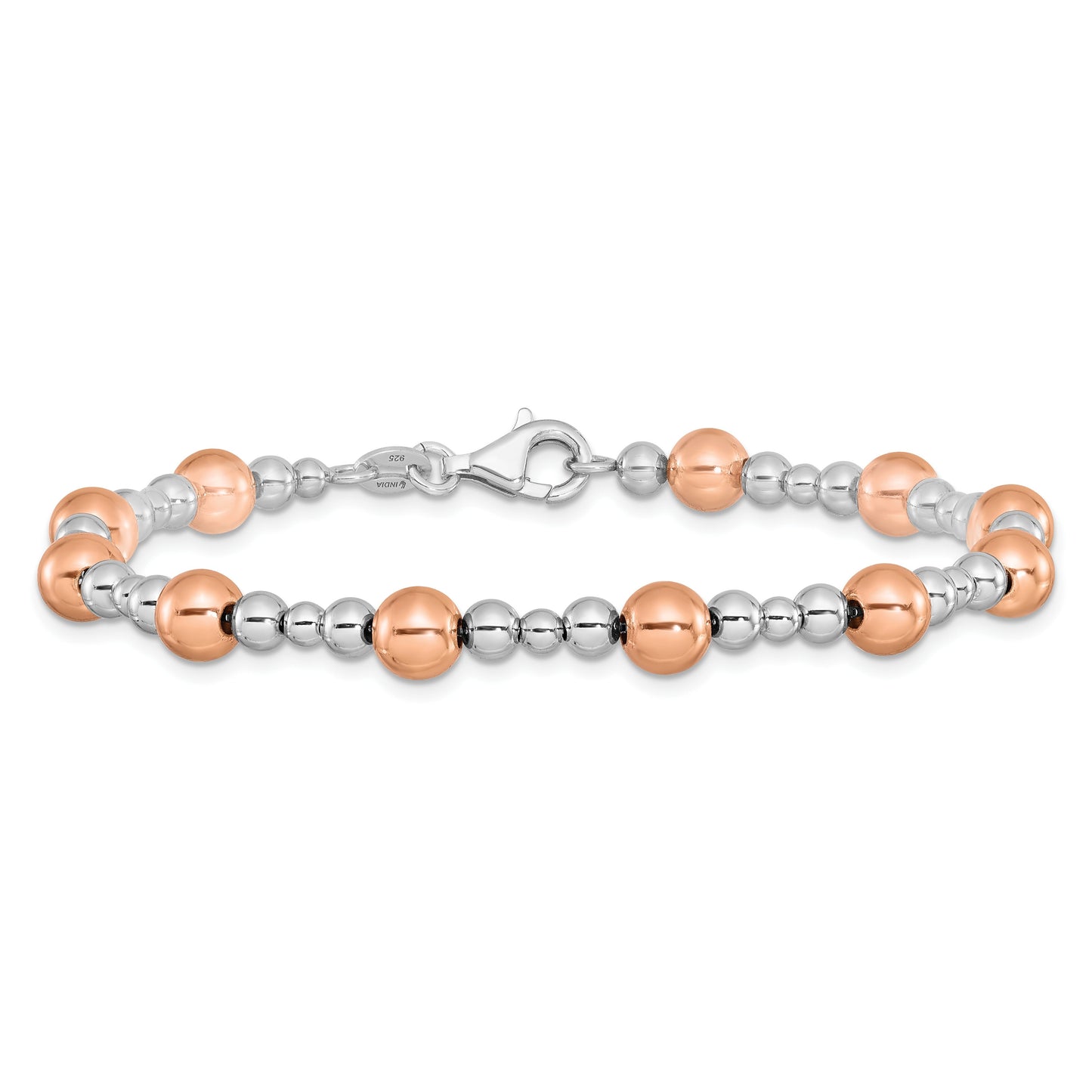 Two-Tone Rhodium and Rose Gold Plated Silver Alternating Multi-Size Polished Ball Station Lobster Clasp Beaded Bracelet