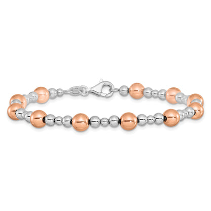 Two-Tone Rhodium and Rose Gold Plated Silver Alternating Multi-Size Polished Ball Station Lobster Clasp Beaded Bracelet