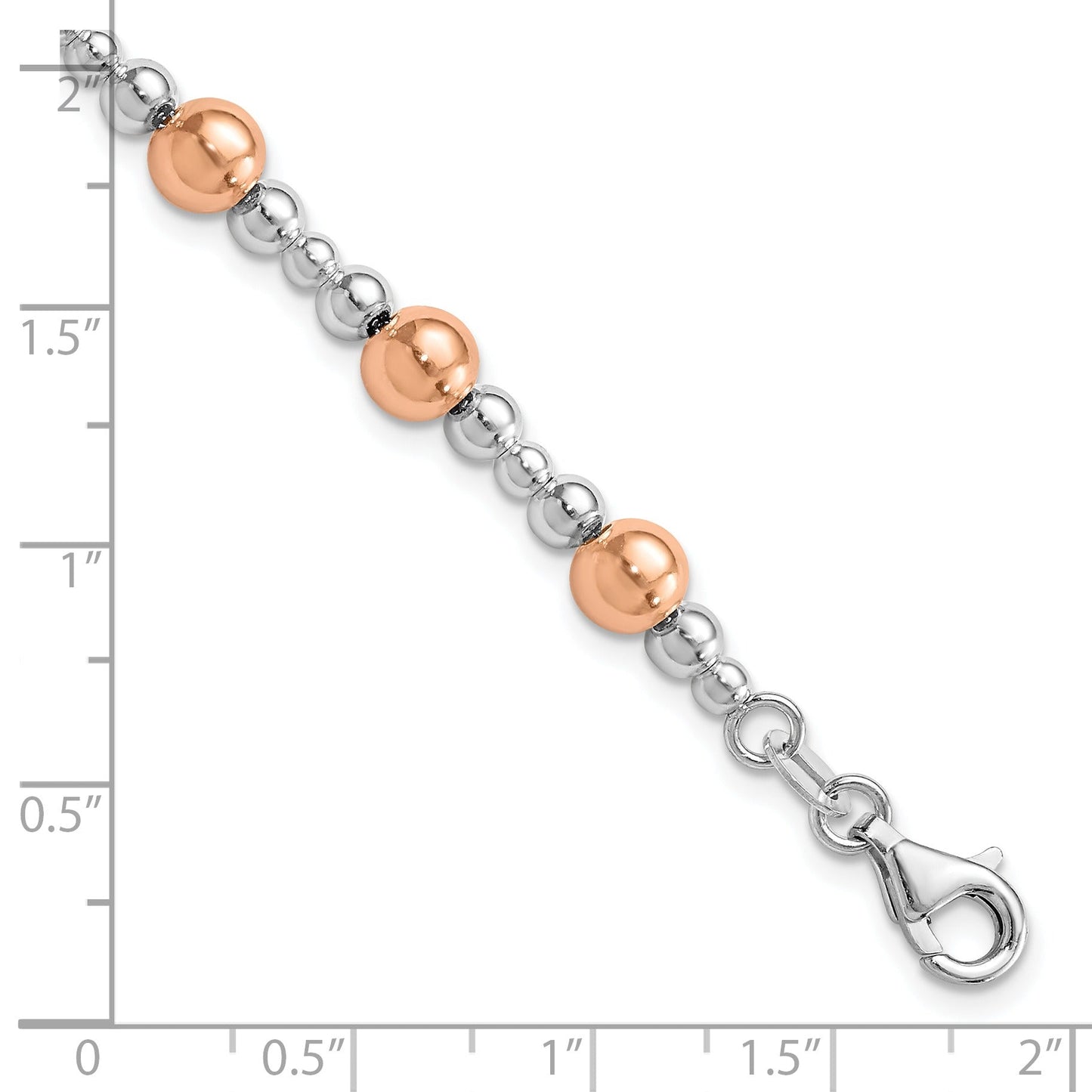 Two-Tone Rhodium and Rose Gold Plated Silver Alternating Multi-Size Polished Ball Station Lobster Clasp Beaded Bracelet