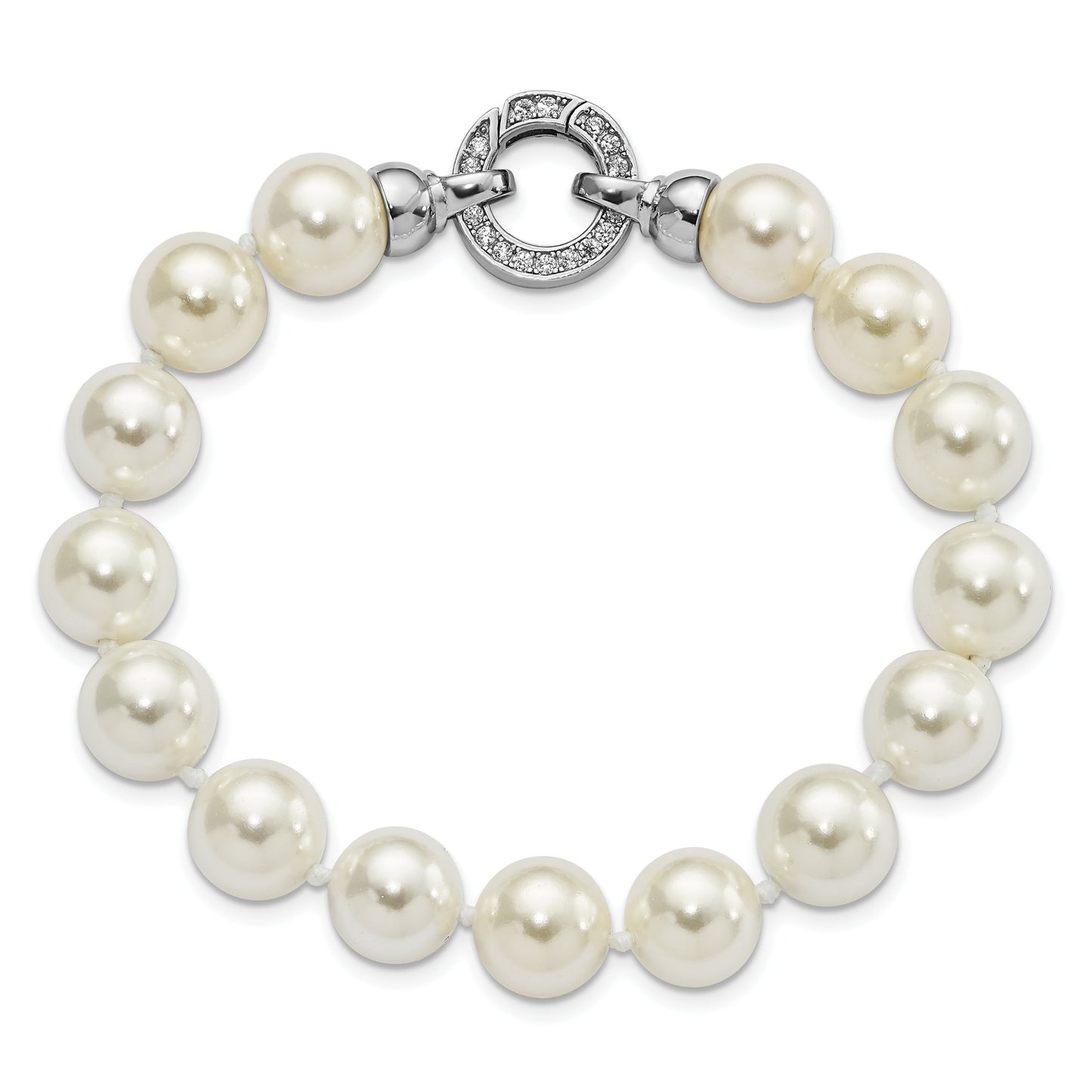 Round White Shell Pearl Rhodium-Plated Clasp Sterling Silver Hand-Knotted Fancy Bracelet