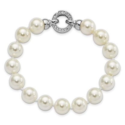 Round White Shell Pearl Rhodium-Plated Clasp Sterling Silver Hand-Knotted Fancy Bracelet