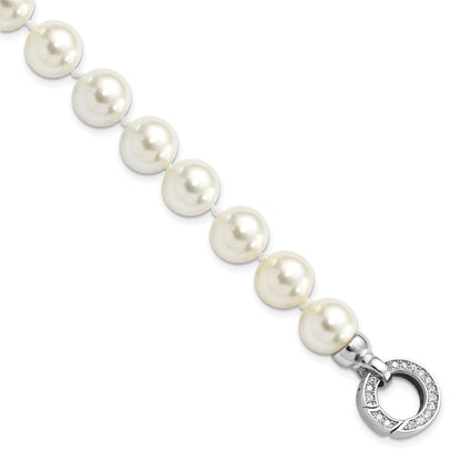 Round White Shell Pearl Rhodium-Plated Clasp Sterling Silver Hand-Knotted Fancy Bracelet