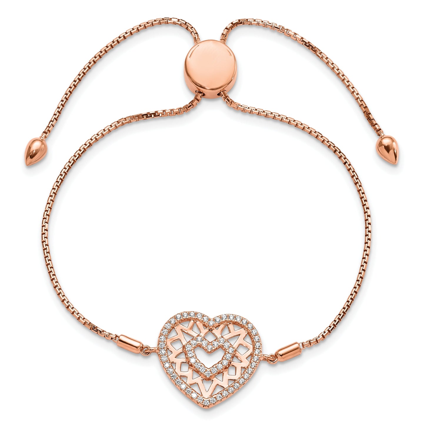 Round White Cubic Zirconia Prong Rose Gold Plated Silver Filigree Double Heart Adjustable Slider Bolo Bracelet
