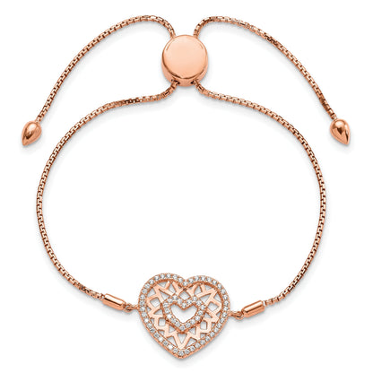 Round White Cubic Zirconia Prong Rose Gold Plated Silver Filigree Double Heart Adjustable Slider Bolo Bracelet
