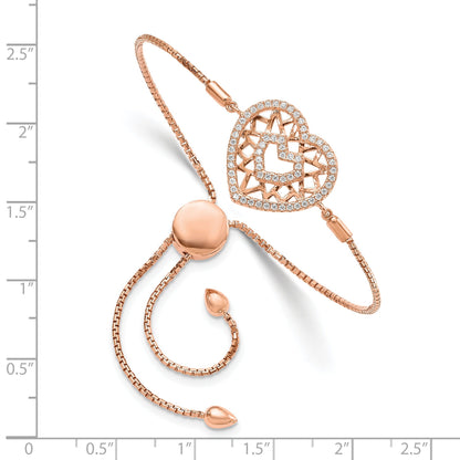 Round White Cubic Zirconia Prong Rose Gold Plated Silver Filigree Double Heart Adjustable Slider Bolo Bracelet