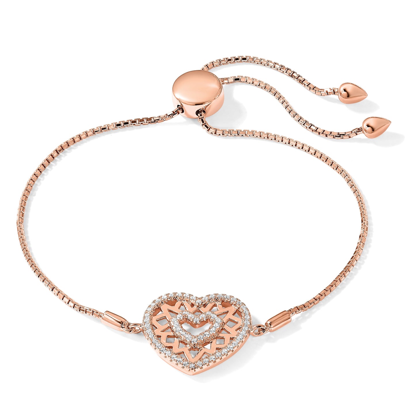 Round White Cubic Zirconia Prong Rose Gold Plated Silver Filigree Double Heart Adjustable Slider Bolo Bracelet