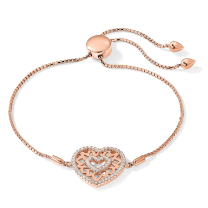 Round White Cubic Zirconia Prong Rose Gold Plated Silver Filigree Double Heart Adjustable Slider Bolo Bracelet