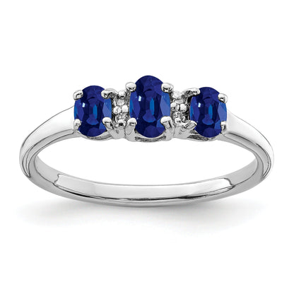 0.85 Ct Oval Blue Sapphire & Diamond Prong Rhodium-Plated Sterling Silver Three Stone Ring