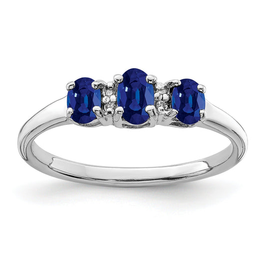 0.85 Ct Oval Blue Sapphire & Diamond Prong Rhodium-Plated Sterling Silver Three Stone Ring