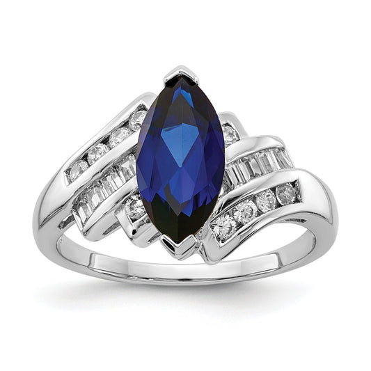 Marquise Blue Lab Created	Sapphire Prong Sterling Silver Bypass Statement Ring