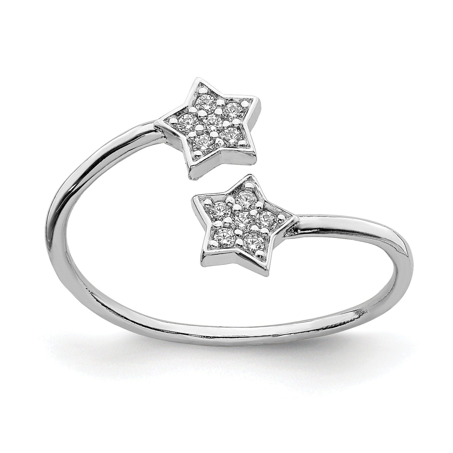Round White Cubic Zirconia Prong Rhodium-Plated Silver Stars Bypass Adjustable Ring