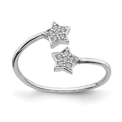 Round White Cubic Zirconia Prong Rhodium-Plated Silver Stars Bypass Adjustable Ring