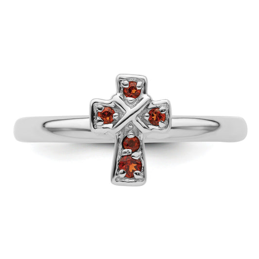 0.15 Ct Round Red Garnet Prong Silver Stackable Cross Ring